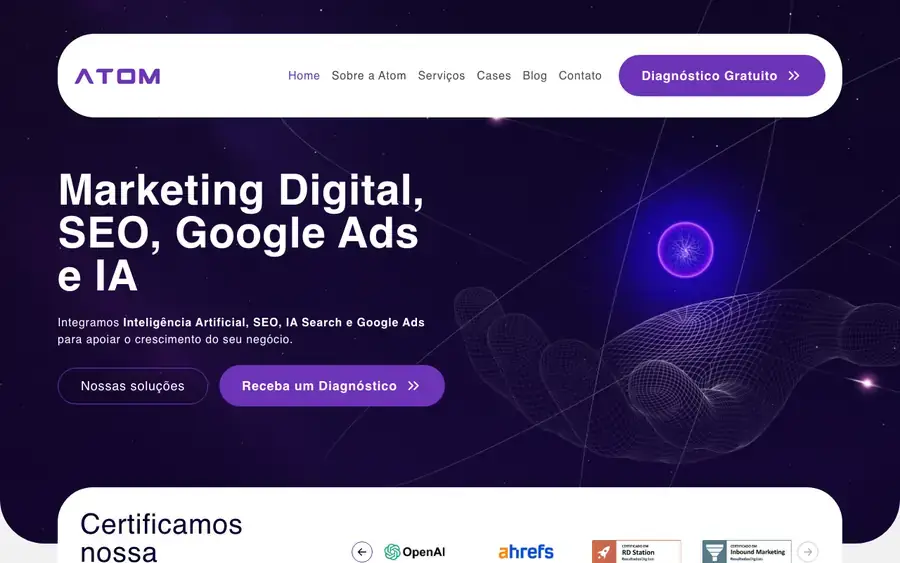 Site da Atom Digital, página inicial completa